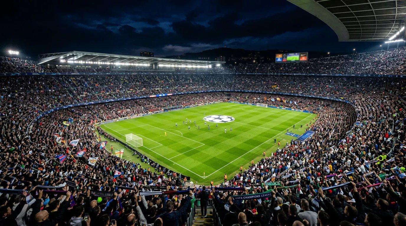 Estadio de futbol iluminado durante una noche de Champions League con ambiente de semifinal europea