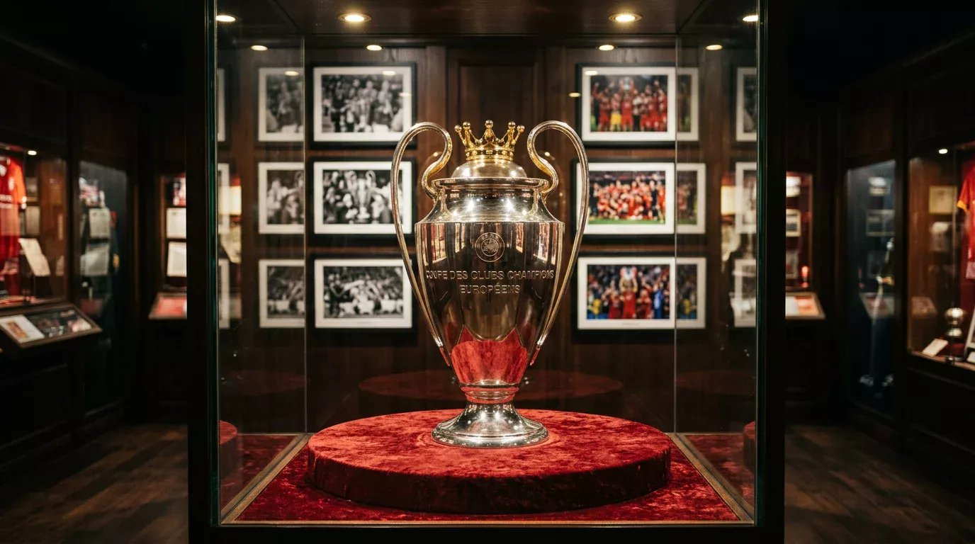 Trofeo de la Champions League iluminado sobre un pedestal en un estadio vacio con cesped impecable