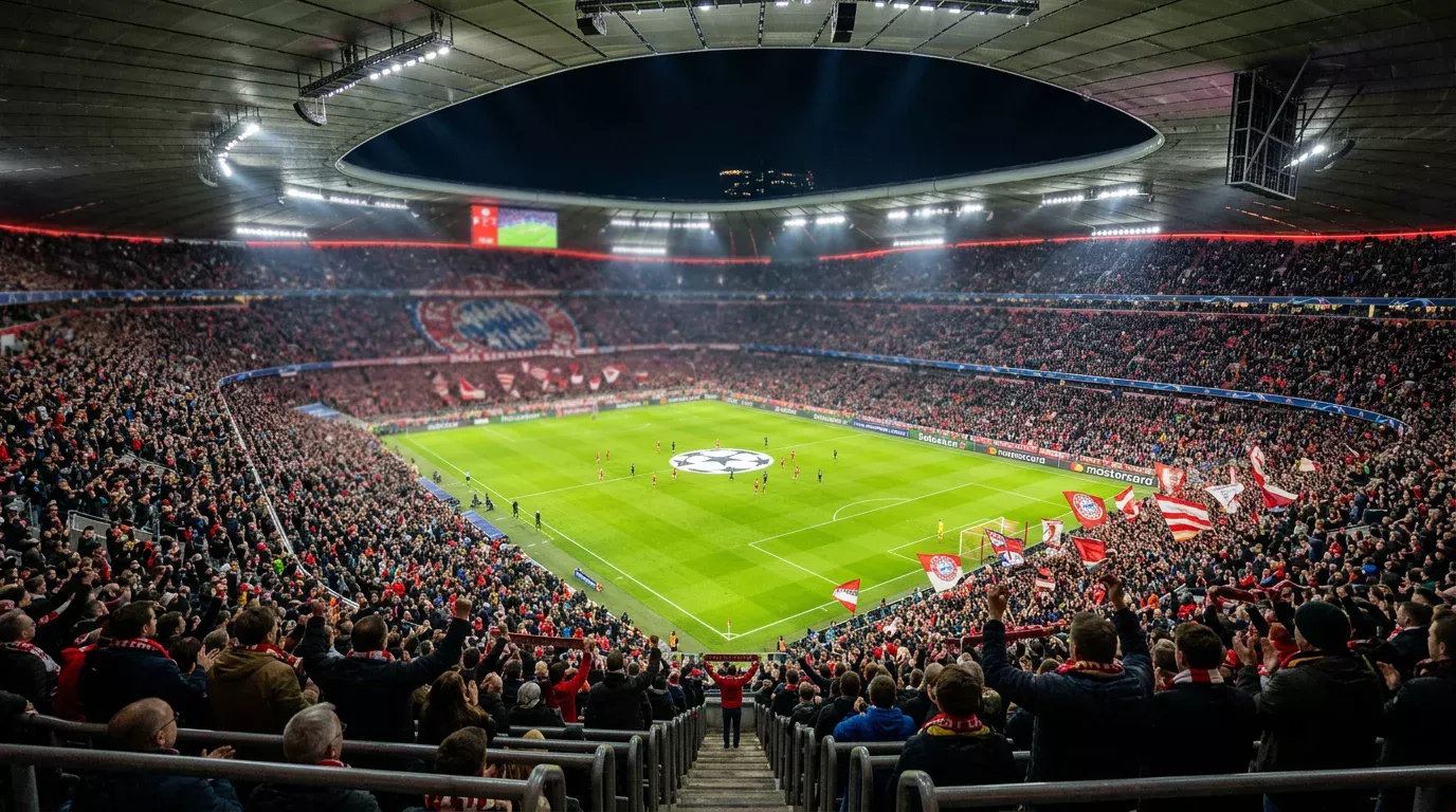 Interior de un gran estadio europeo de futbol repleto de aficionados durante una noche de Champions League